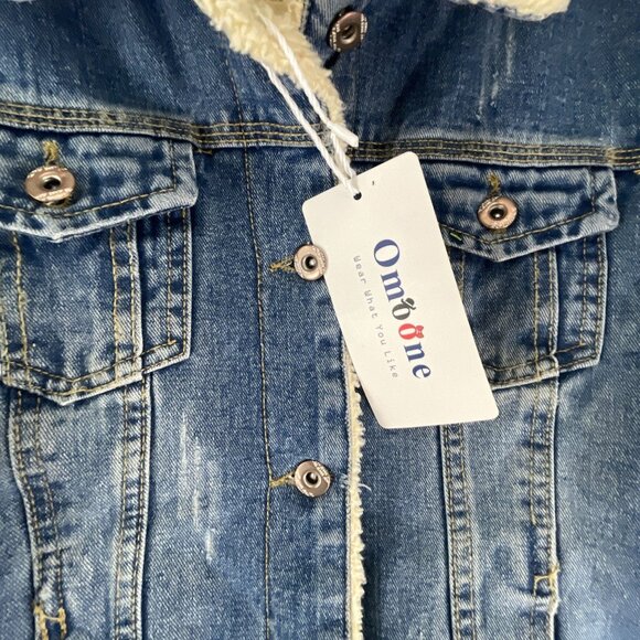 Omoone Sherpa-Lined New Denim Vest Button Closure M Blue Sleeveless Jacket Stree - Picture 5 of 7